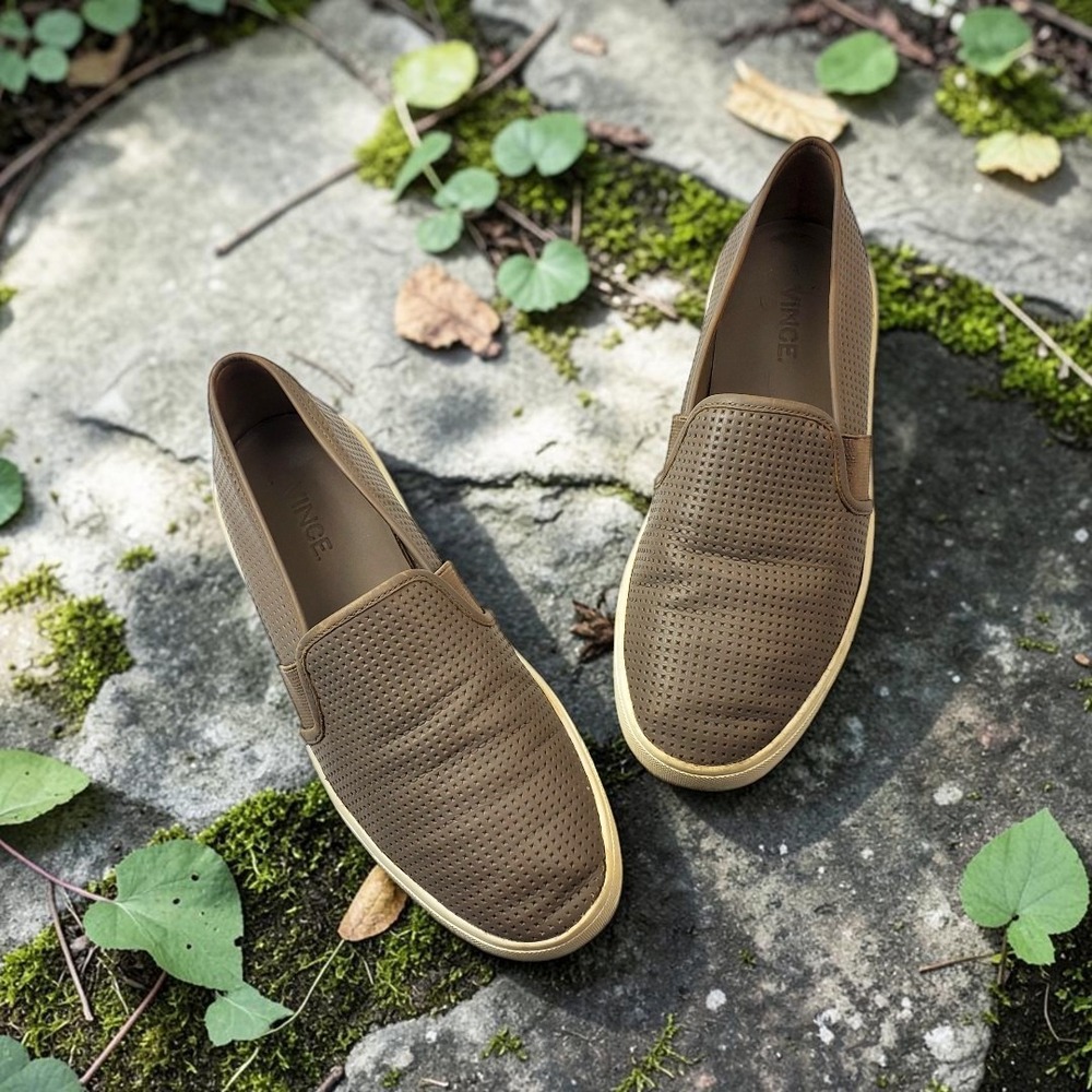 Vince Blair Taupe Brown Perforated‎ Leather Slip On Sneakers Womens Size 10